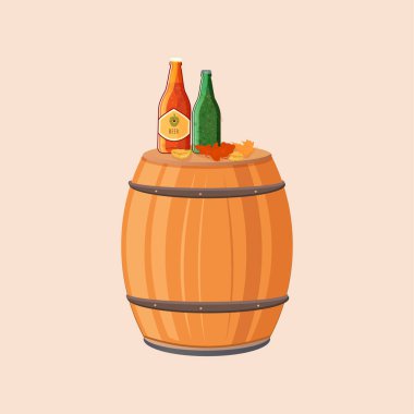 Oktoberfest fıçı birası, şişe, bardak. Vektör çizimi. İzole edilmiş