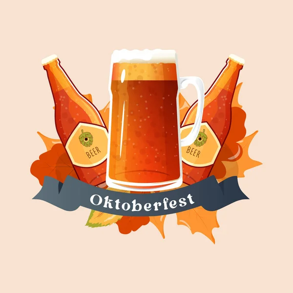 Oktoberfest Emblema Cerveza Botella Taza Hojas Fondo Ilustración Vectorial — Archivo Imágenes Vectoriales