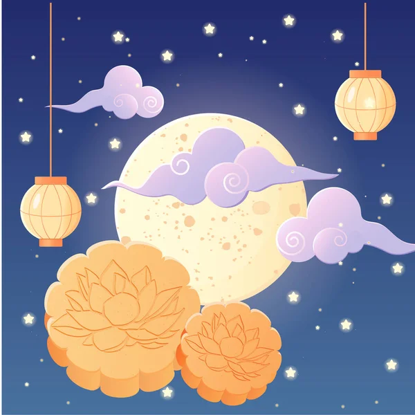 Mitternachtsfest Mond Chinesische Laterne Sternenhimmel Und Mondkuchen Vektor Illustration Cartoon — Stockvektor