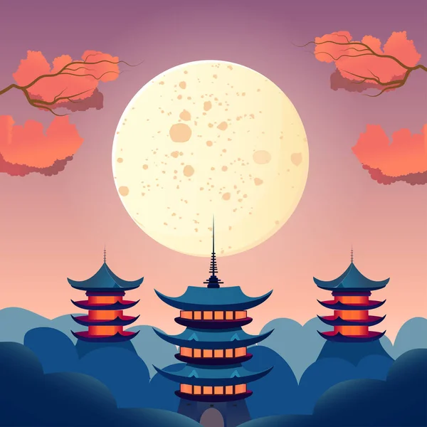 Mid Autumn Festival Pagodas Moon Backdrop Sunrise Sunset Vector Illustration — Stock Vector
