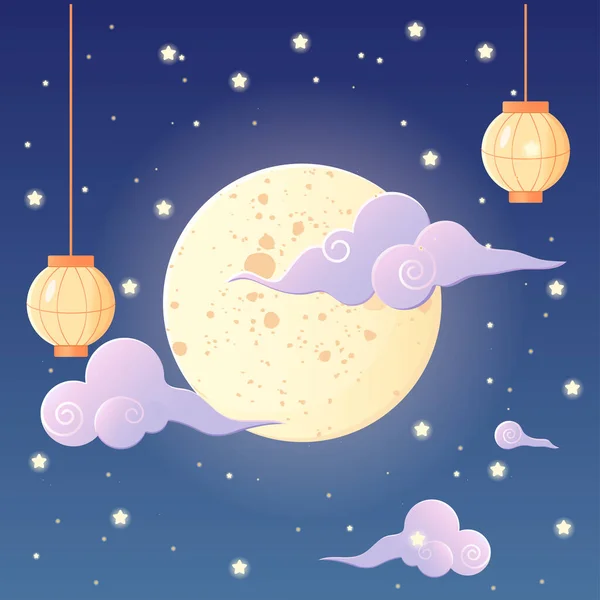 Mid Autumn Festival Moon Chinese Lantern Starry Sky Vector Illustration — Stock Vector