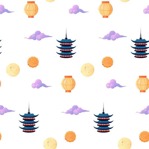 Plantilla Festival Pagoda Pastel Luna Sin Costuras Mediados Otoño Ilustración — Vector de stock