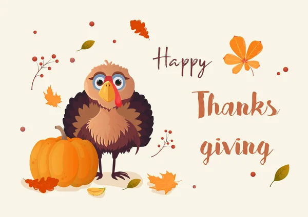 Thanksgiving Card Turkey Leaves Pumpkin Vector Illustration — Stock Vector
