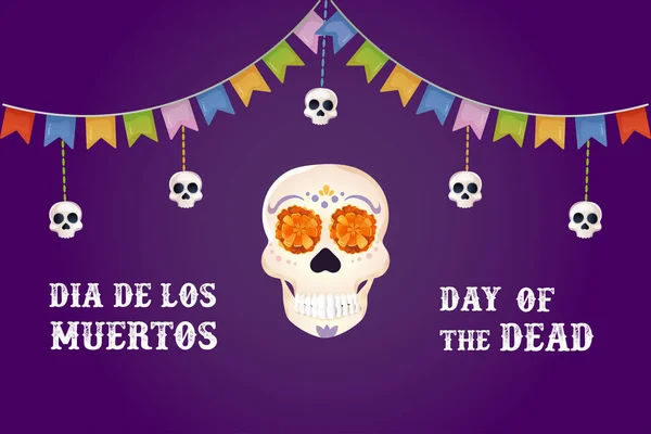 stock vector Day of the dead postcard. skull and flor de muerto,bread of the dead .Dia de los muertos vector illustration