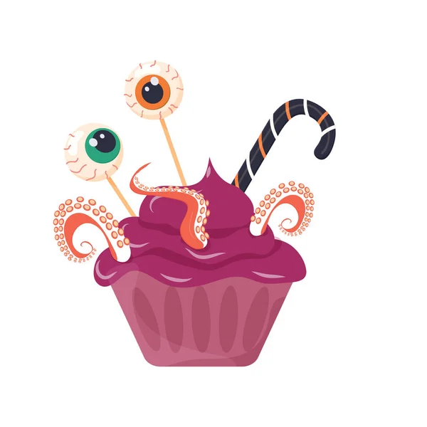 Nourriture Halloween Cupcake Aux Yeux Tentacules Image Vectorielle Sur Fond — Image vectorielle
