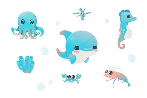 Stickers Vector Illustration Sea Dwellers Creatures Illustration White Isolated Background — Stock Vector