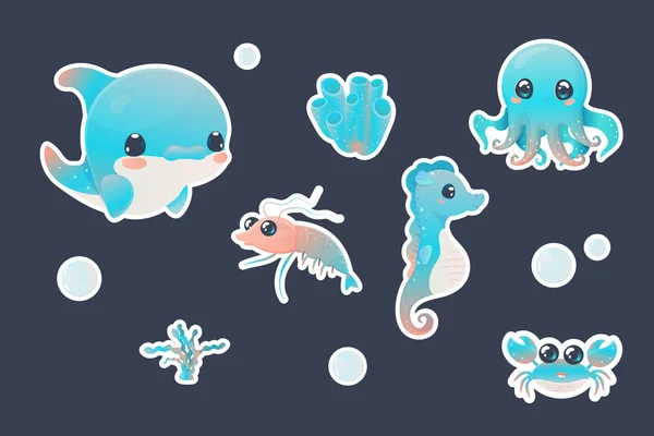 Stickers Vector Illustration Sea Dwellers Creatures Illustration White Isolated Background — Stock Vector