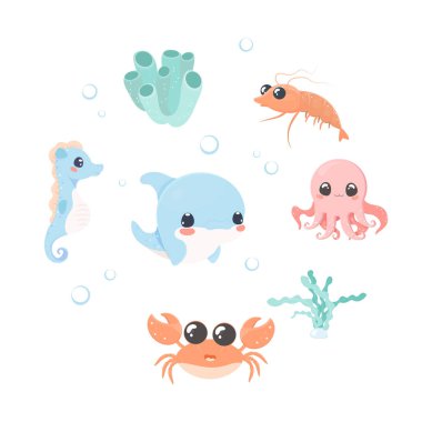 Deniz yaratıklarının klipsleri beyaz yalıtılmış arka plan, karides, yosun, mercan, yengeç, yunus, at balığı, ahtapot üzerine şirin bir vektör oluşturur.