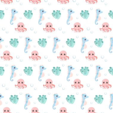 Deniz canlıları desensiz beyaz izole edilmiş arka plan, karides, yosun, mercan, yengeç, yunus, at balığı, ahtapot gibi şirin vektörler belirler.