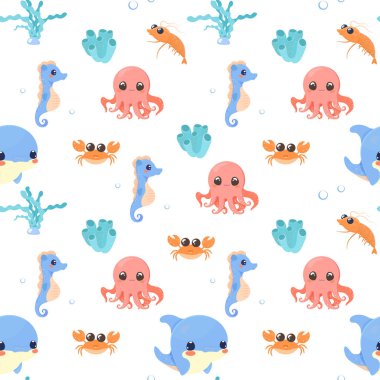 Deniz canlıları desensiz beyaz izole edilmiş arka plan, karides, yosun, mercan, yengeç, yunus, at balığı, ahtapot gibi şirin vektörler belirler.