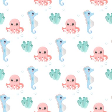 Deniz canlıları desensiz beyaz izole edilmiş arka plan, karides, yosun, mercan, yengeç, yunus, at balığı, ahtapot gibi şirin vektörler belirler.