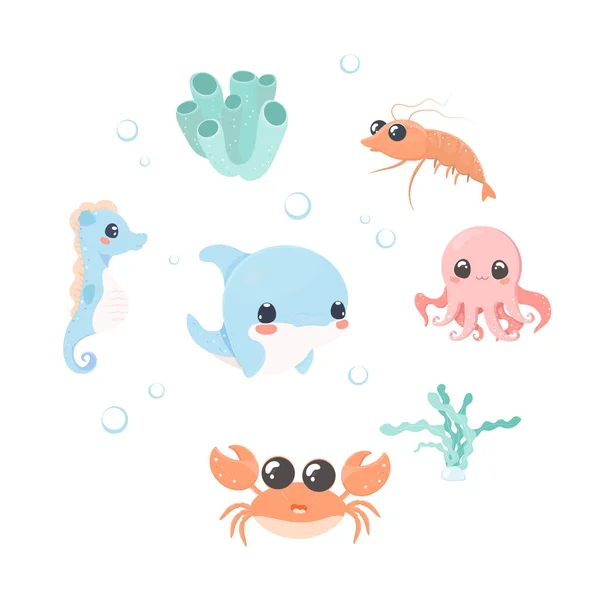 Sea Creatures Clip Art Set Cute Vector White Isolated Background — Stock Vector