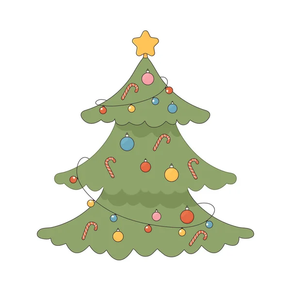 Toller Weihnachtsbaum Mit Zuckerstangen Und Luftballons Spielzeug Und Sternvektorillustration — Stockvektor