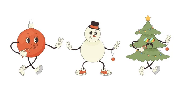 Artboard Personnages Groovy Mis Bonhomme Neige Ballon Hippie Arbre Noël — Image vectorielle
