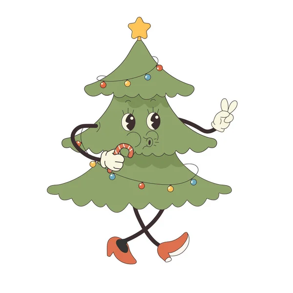 Groovy Weihnachtsbaum Hippie Charakter Tempo Silvester Vektor Illustration — Stockvektor