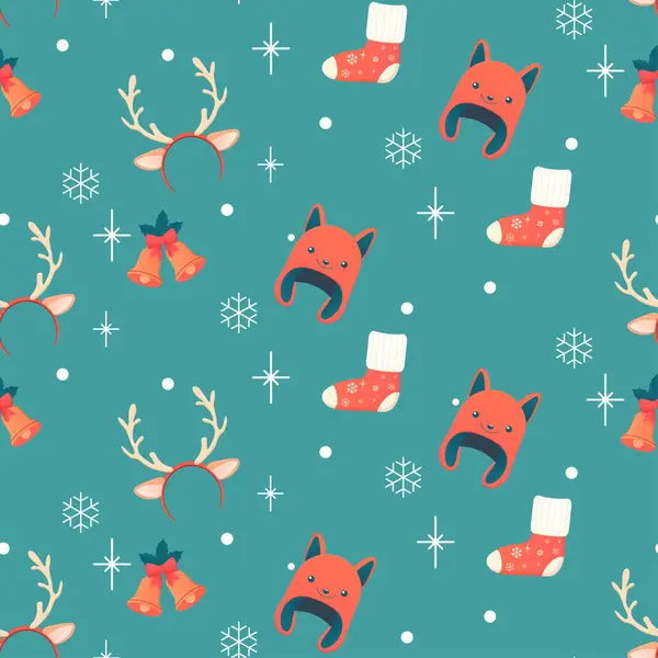 Seamless Pattern Winter Accessories Hat Socks Antlers Bells Vector Illustration — Stock Vector