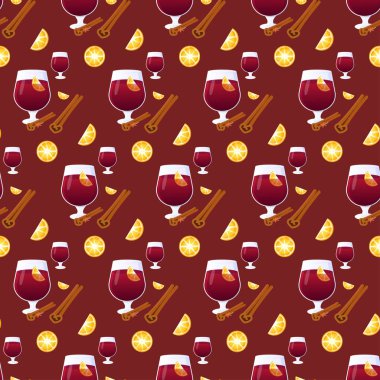 Şarap, sıcak şarap, limon ve tarçınlı kusursuz desen. Vektör illüstrasyonu