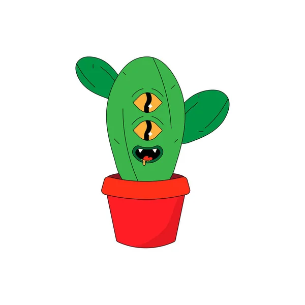 Groovy Potted Cactus Psychedelic Character Vector Illustration — Stock Vector