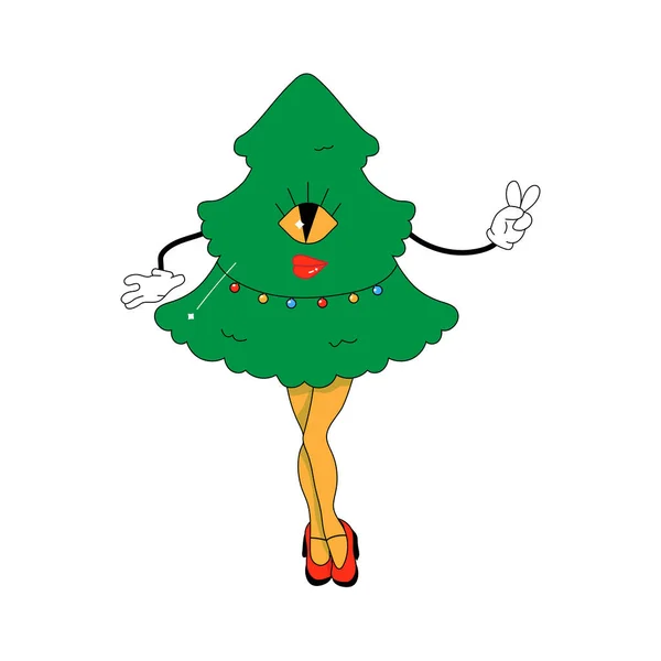 Arbre Noël Psychédélique Avec Des Jambes Féminines Style Caractère Illustration — Image vectorielle