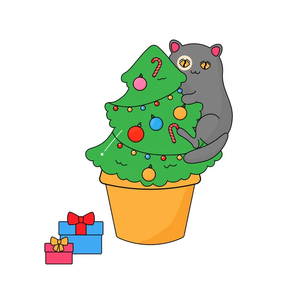 Gato Trepó Árbol Navidad Cactus Año Nuevo Navidad Ilustración Del — Vector de stock