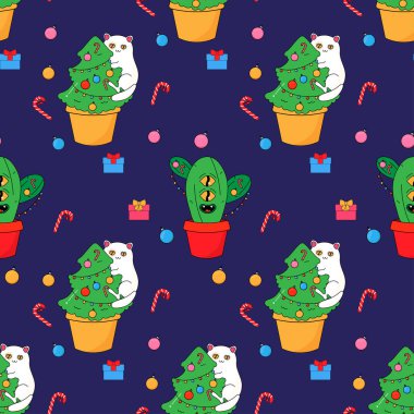 Kedi ve Noel ağacı, kaktüs eko ağacı. Psikedelik moda tarzında. Kumaş, ambalaj kağıdı, yatak, giysi üzerindeki kusursuz desen.. 