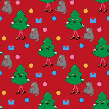 Kedi ve Noel ağacı, kaktüs eko ağacı. Psikedelik moda tarzında. Kumaş, ambalaj kağıdı, yatak, giysi üzerindeki kusursuz desen.. 