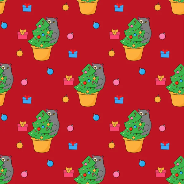 Katze Und Weihnachtsbaum Öko Kaktus Neujahr — Stockvektor