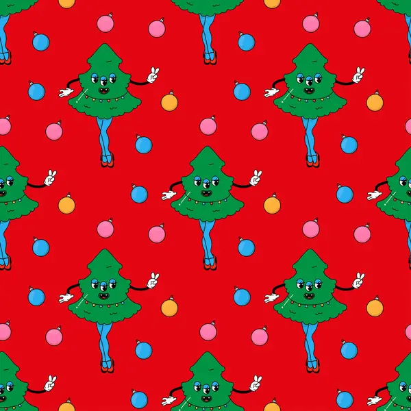 Christmas Tree Psychedelic Groovy Style Seamless Pattern Fabric Wrapping Paper — Stock Vector
