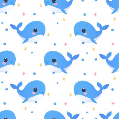 Şirin balinalı bebek deseni. Vektör illüstrasyonu, duvar kağıdı, kıyafetler, pijama, ambalaj kağıdı