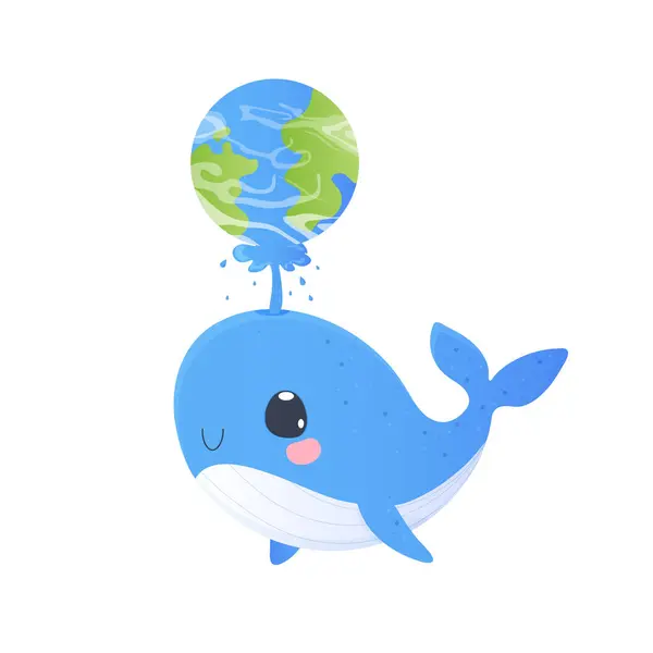 Cute Whale Holding Earth Fountain Postcard Whale Holding Earth Tshirt — Stock Vector