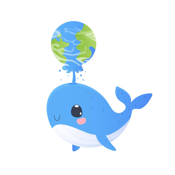 cute whale holding the earth with a fountain. Postcard, whale holding the earth. Tshirt print, baby. blue whales, childrens icons for stickers, baby shower, books.