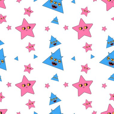 Geometrik dikişsiz psikedelik model. Farklı şekillerde. yıldız ve üçgen karakterler canlı gözler