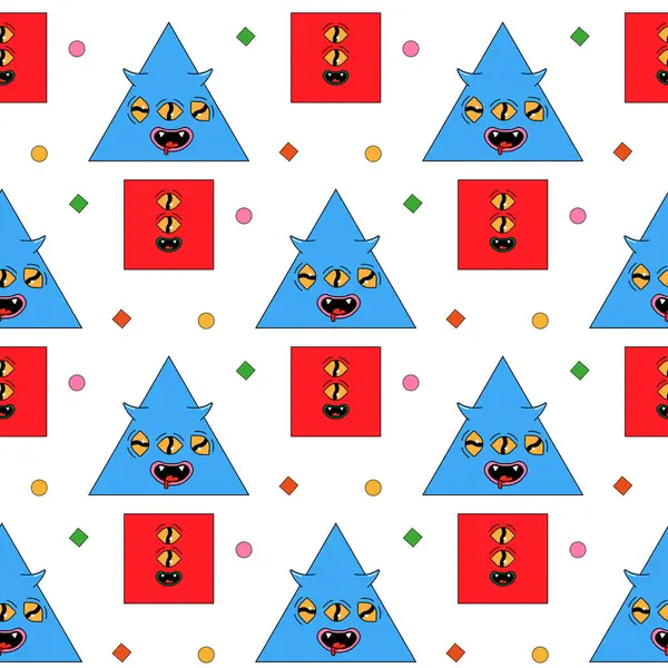 Geometrische Naadloze Psychedelische Groovy Patroon Verschillende Vormen Vierkante Driehoek Karakters — Stockvector