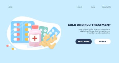 Grip ve soğuk algınlığı için internet afişi konsepti, ilaçlar. Haplar, zencefil, limon, şurup, haplar. vektör illüstrasyonu