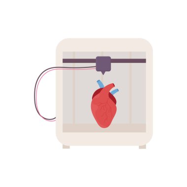 Sentetik bir organ. Kalp. 3D yazıcı, biyobasım, protez. Tıbbi baskı. Vektör illüstrasyonu 