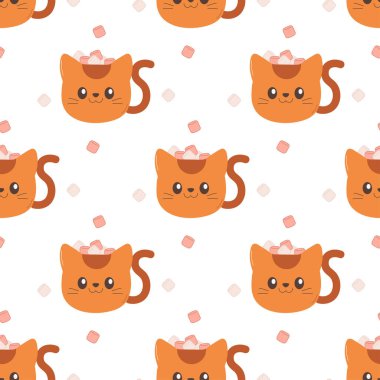 Kedi ve marşmelovlu kusursuz kupa, kış, Noel. Vektör illüstrasyonu