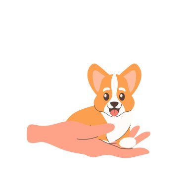 Köpek, Corgi Pet evlatlık edinme, evsiz hayvanların bulmasına yardım et. Vektör illüstrasyonu beyaz arkaplanda izole edildi