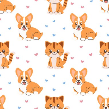 Kusursuz evcil hayvanlar, zencefilli corgi sosisi ve kedicik. Beyaz arkaplanda vektör illüstrasyonu