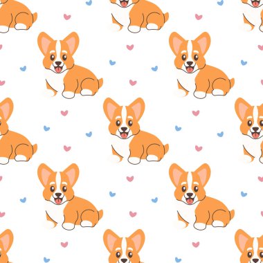 Kusursuz desenli Corgi köpeği, şirin. Vektör illüstrasyonu beyaz arkaplan