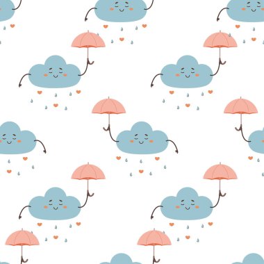 Kusursuz desenli şemsiyeli şirin bulut, kalpler güneş ışığı, karakter, vektör illüstrasyonu  