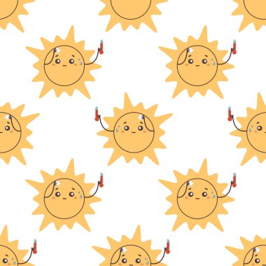 Kalıpsız sıcak güneş karakteri, bulutlu vektör çizimi  