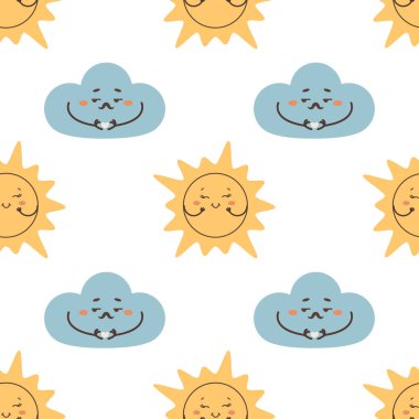 Kusursuz bulut deseni bir kalp gösteriyor, güneşle flört ediyor, bulutlu vektör çizimi  