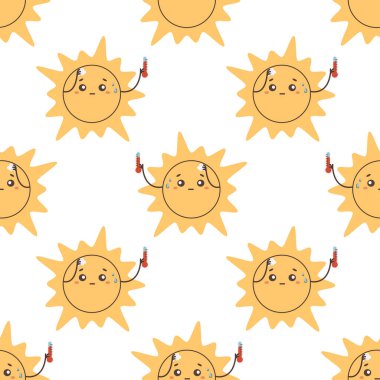 Kalıpsız sıcak güneş karakteri, bulutlu vektör çizimi  