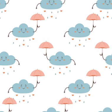 Kusursuz desenli şemsiyeli şirin bulut, kalpler güneş ışığı, karakter, vektör illüstrasyonu  