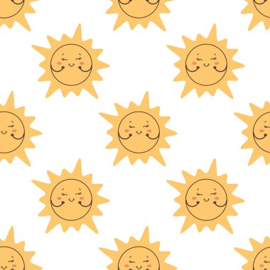 Kalıpsız sıcak güneş karakteri, bulutlu vektör çizimi  