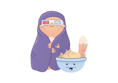 Film izleyen sevimli kedi, film gecesi, film alkışı, ve patlamış mısırlar, vektör çizimi, beyaz arka planda 