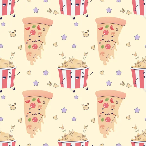 Seamless pattern popcorn, movie food, pizza, cute kawaii