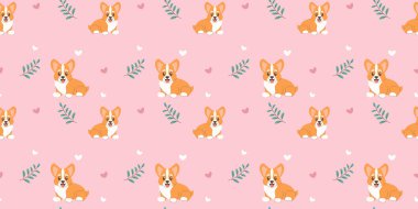Açık pembe arka planda kusursuz desenli şirin Corgi köpeği, hediye kağıdı, kumaş, not defteri, parmak izi için vektör çizimi
