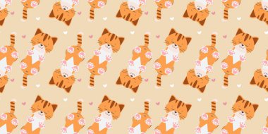 Kusursuz desenli şirin kızıl kedi yavrusu açık sarı arka planda uyuyor. Hediye kağıdı, kumaş, not defteri, parmak izi için vektör çizimi.