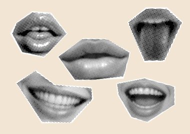 Clip sanatı set Mouth ve dudaklar, gülümseme, dil, noktalar Punk y2k siyah ve beyaz kolaj elementleri, renkli arka plan Retro dergi küpürleri yarım ton işleme